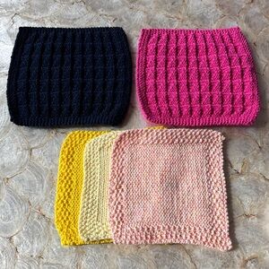 Handmade Knit Washcloths Set in Black, Hot Pink, Yellow, Cream & Speckled Pink